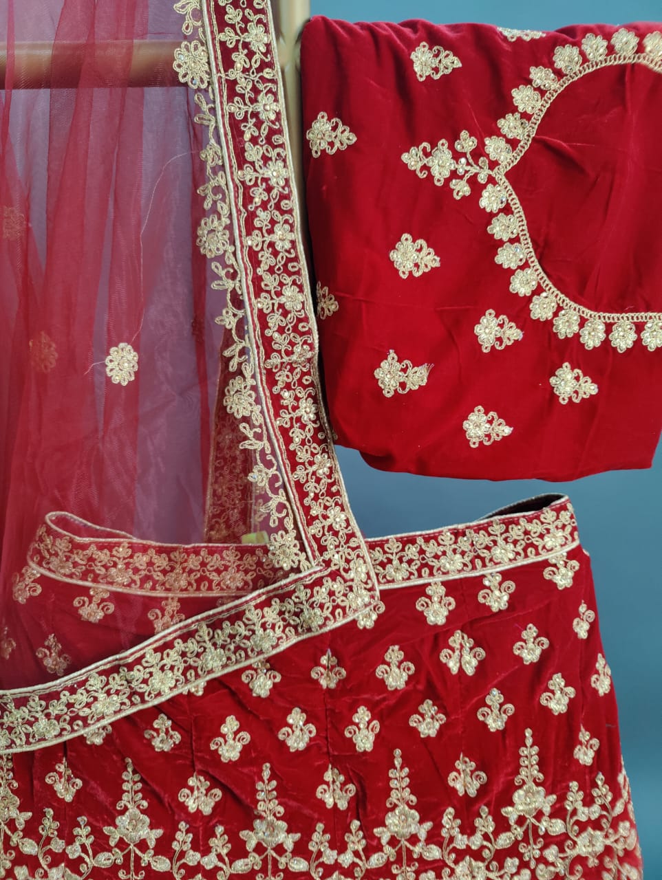 Embroidered Velvet Bridal Lehenga with Double Chunni in Pista Green co –  Saundaryam Fashions