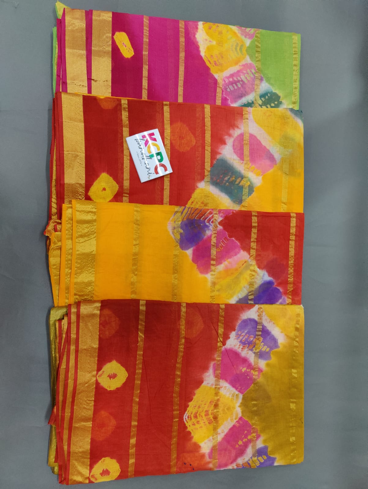 KcPc Cotton 7 Line Zari Bandhani Shibori Saree without blouse, BIK