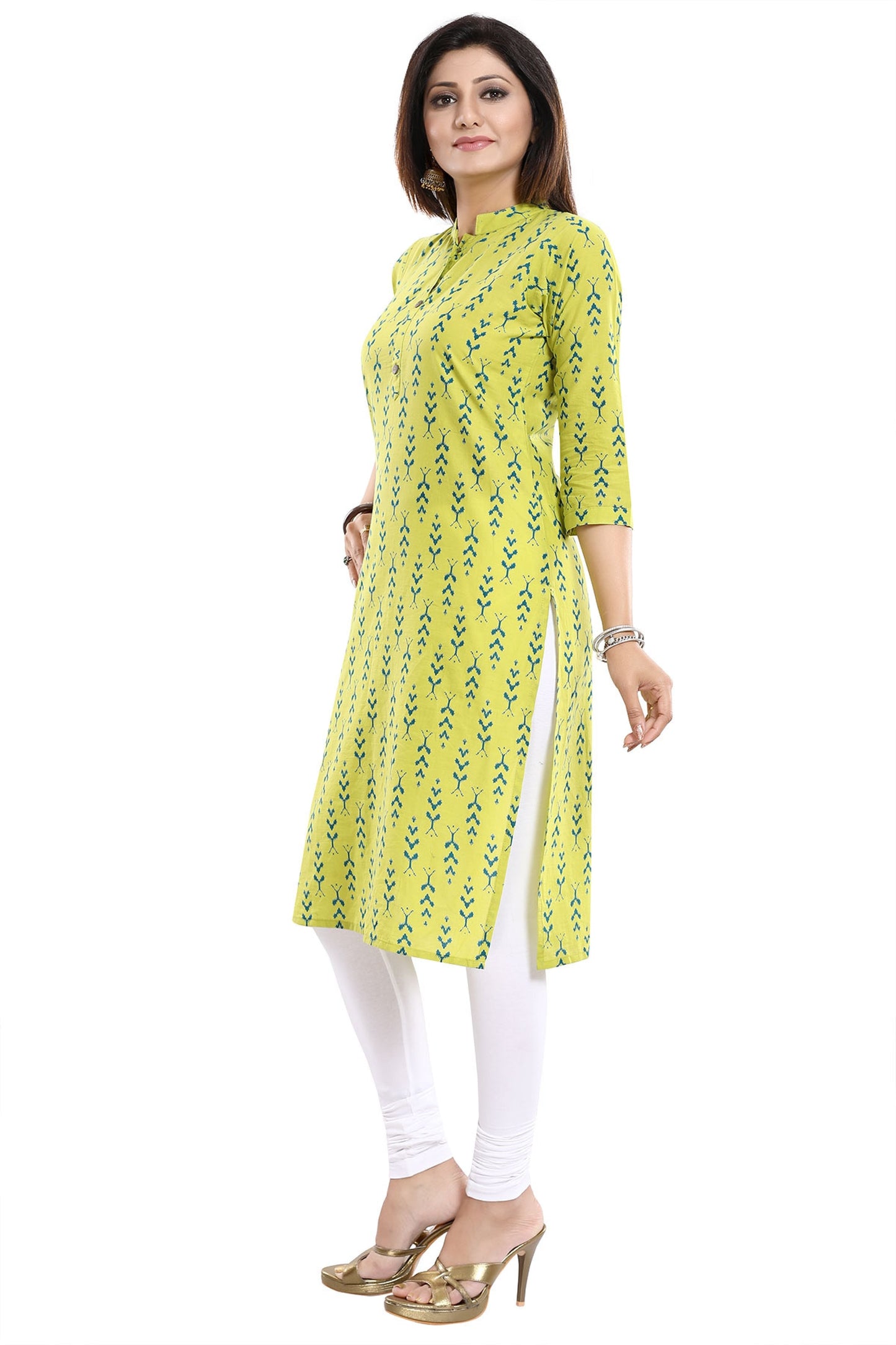 Lively Lime Green Cotton Printed Tunic With Ban Collar For Work Wear - keshubaba