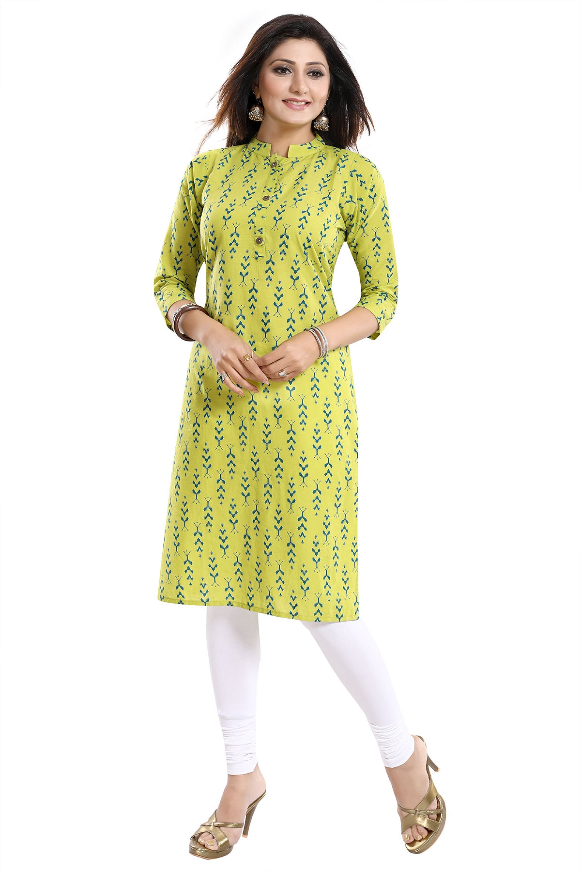 Lively Lime Green Cotton Printed Tunic With Ban Collar For Work Wear - keshubaba