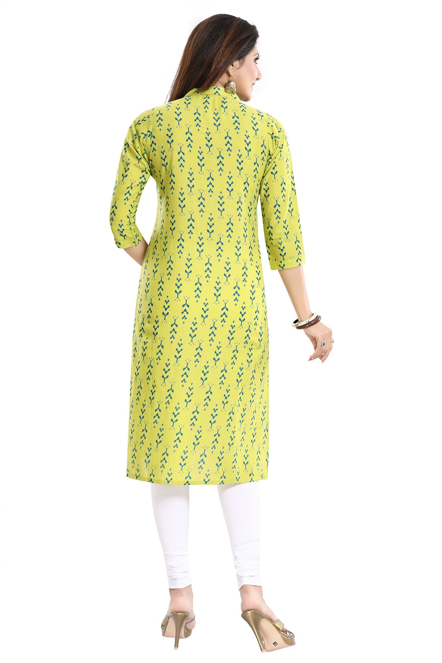 Lively Lime Green Cotton Printed Tunic With Ban Collar For Work Wear - keshubaba