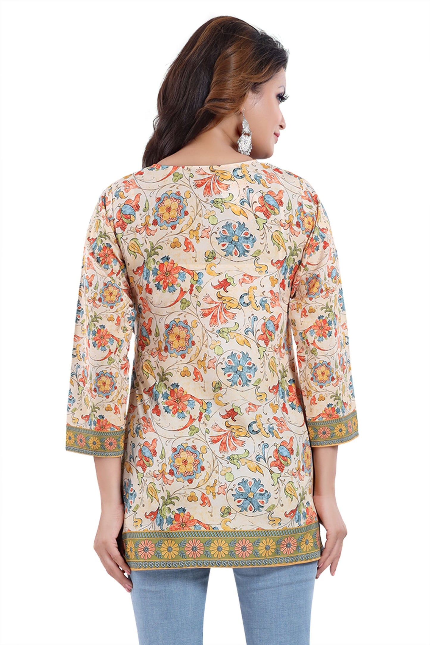 Elegant Faux Crepe Printed Short Kurti Tunic Top For Women - keshubaba