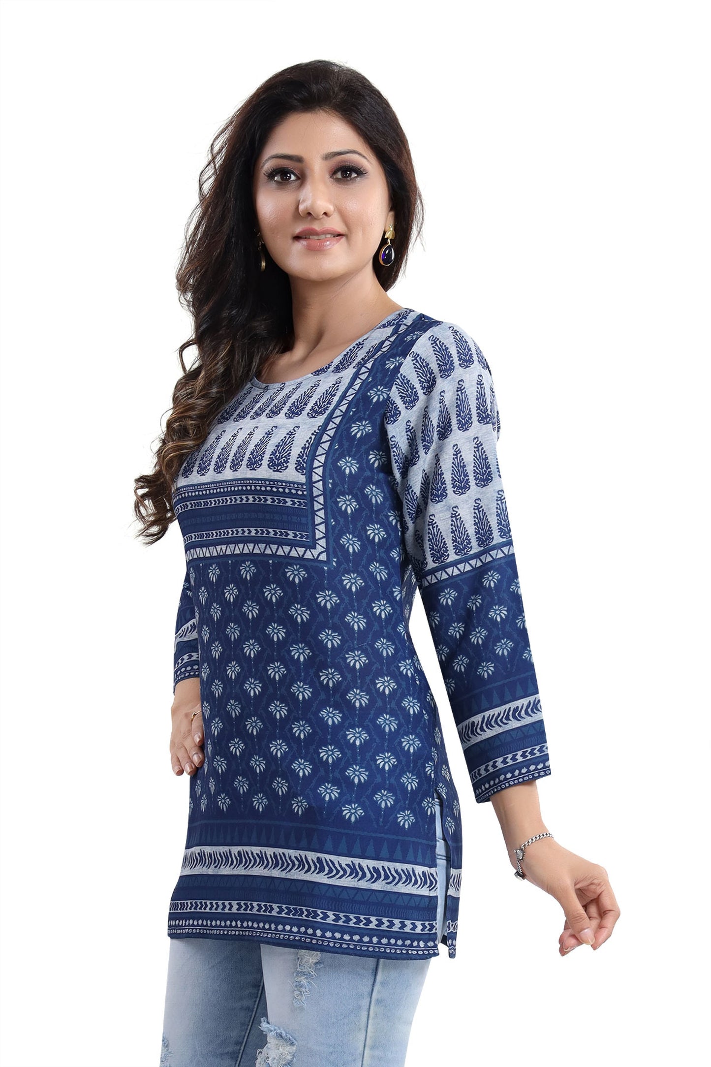 Interesting Vibe Indigo Blue Summer Cool Printed Short Kurti Tunic Top - keshubaba