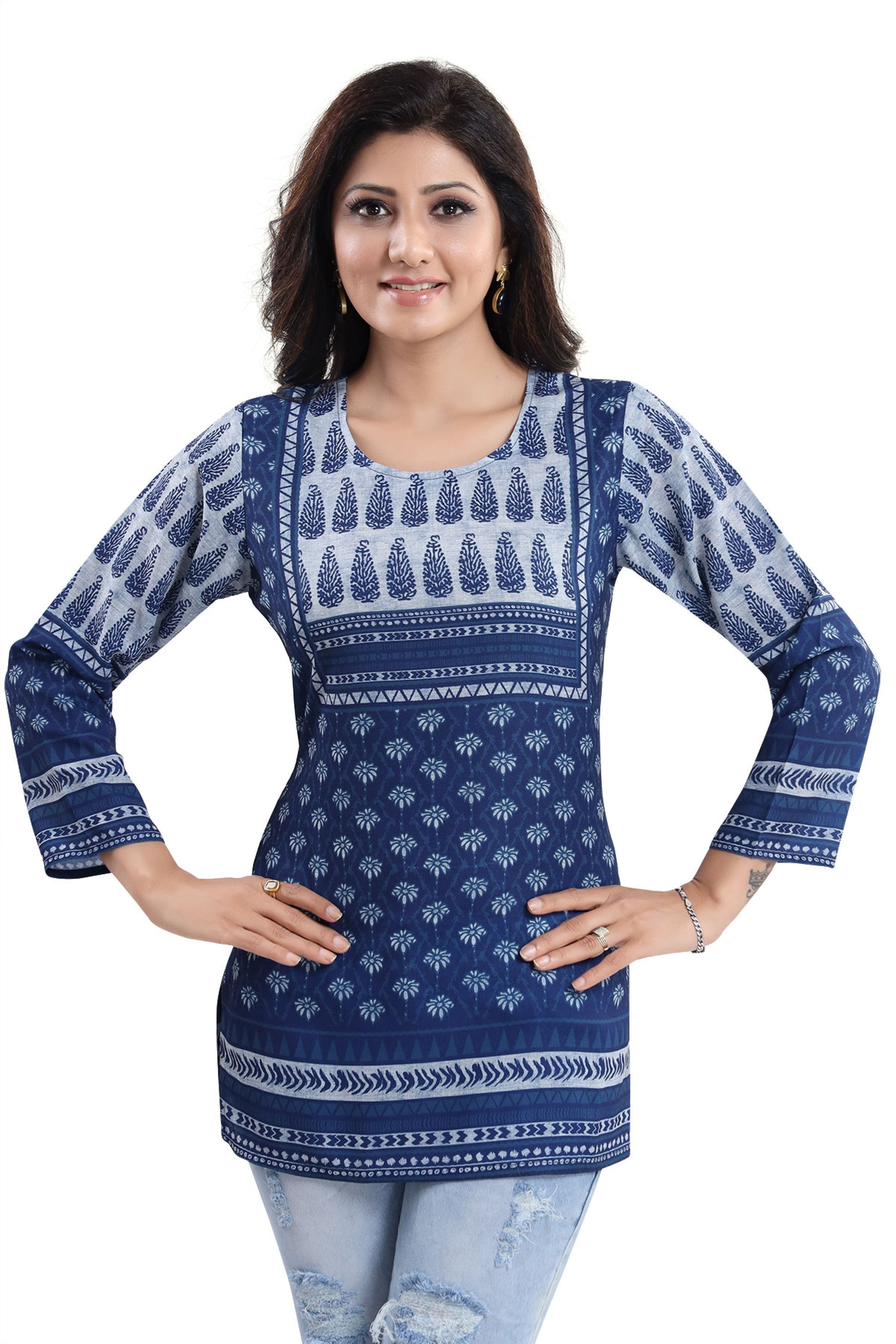 Interesting Vibe Indigo Blue Summer Cool Printed Short Kurti Tunic Top - keshubaba