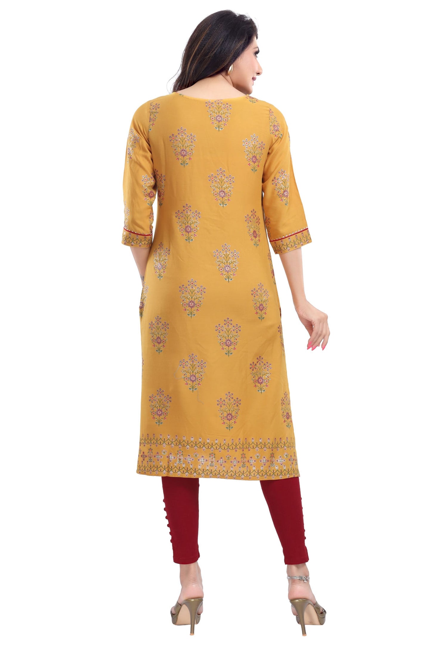 Designer Mustard Rayon Print Long Kurti - keshubaba