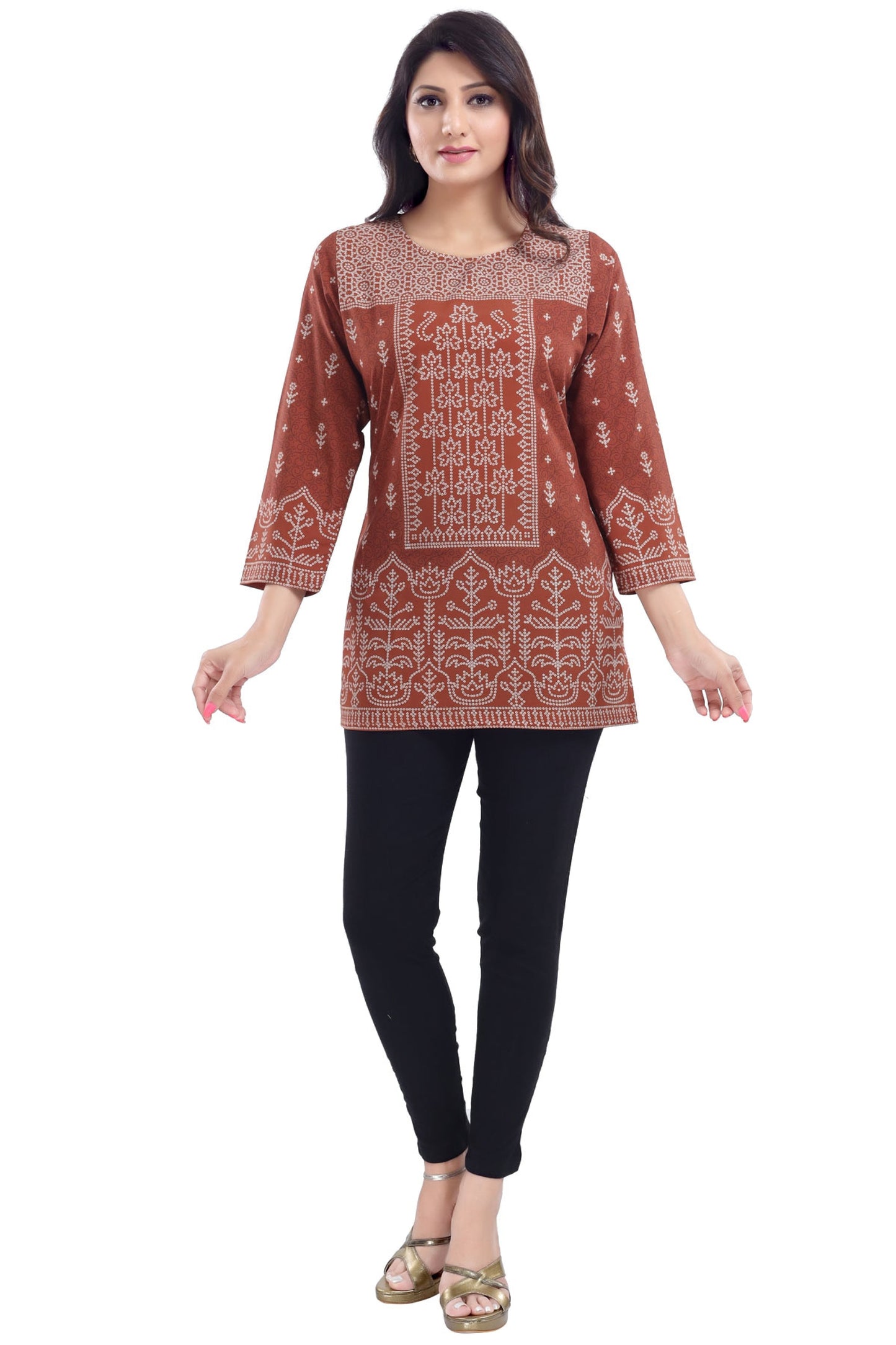 Rust Faux Crepe Short Kurti Tunic Top - keshubaba