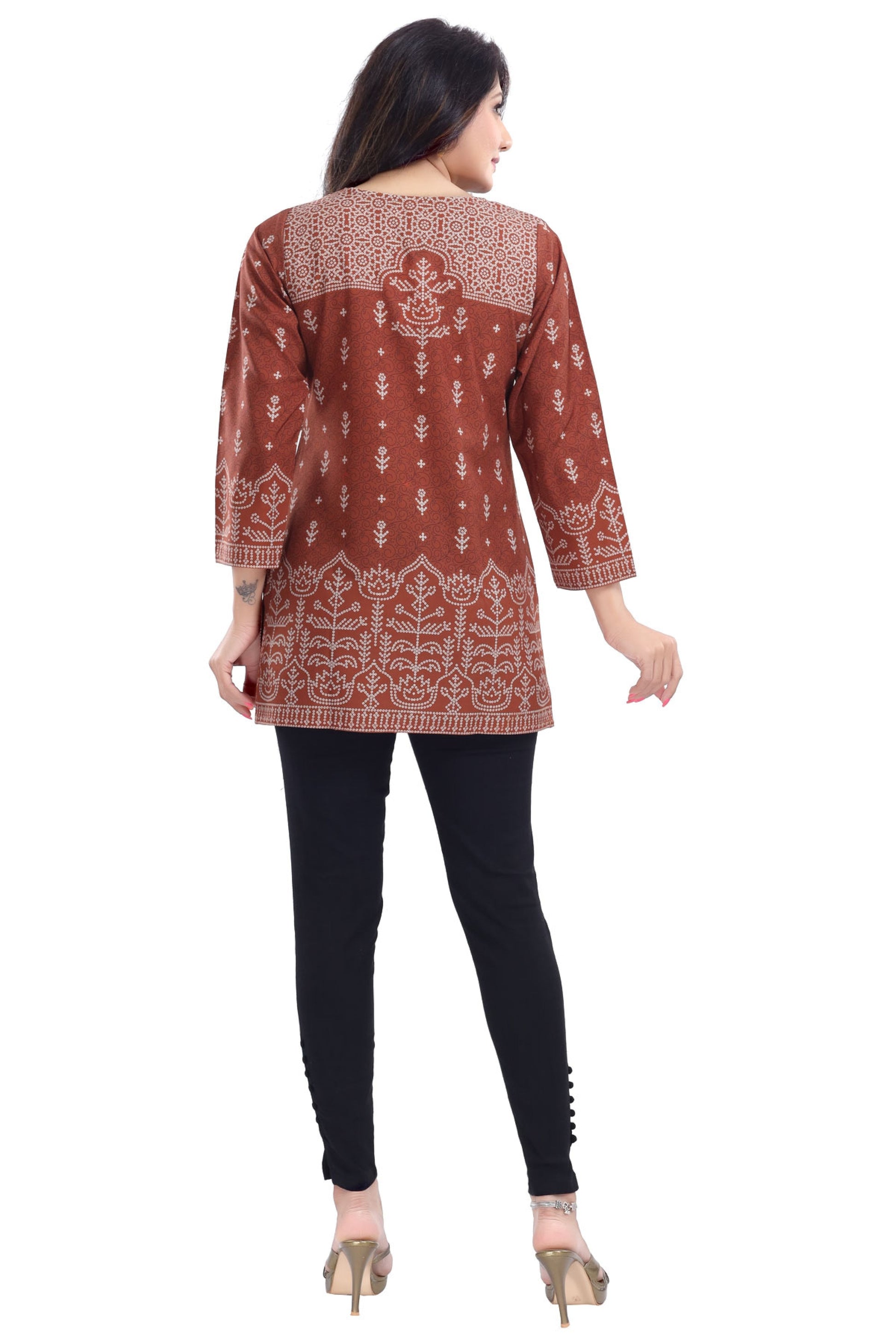 Rust Faux Crepe Short Kurti Tunic Top - keshubaba