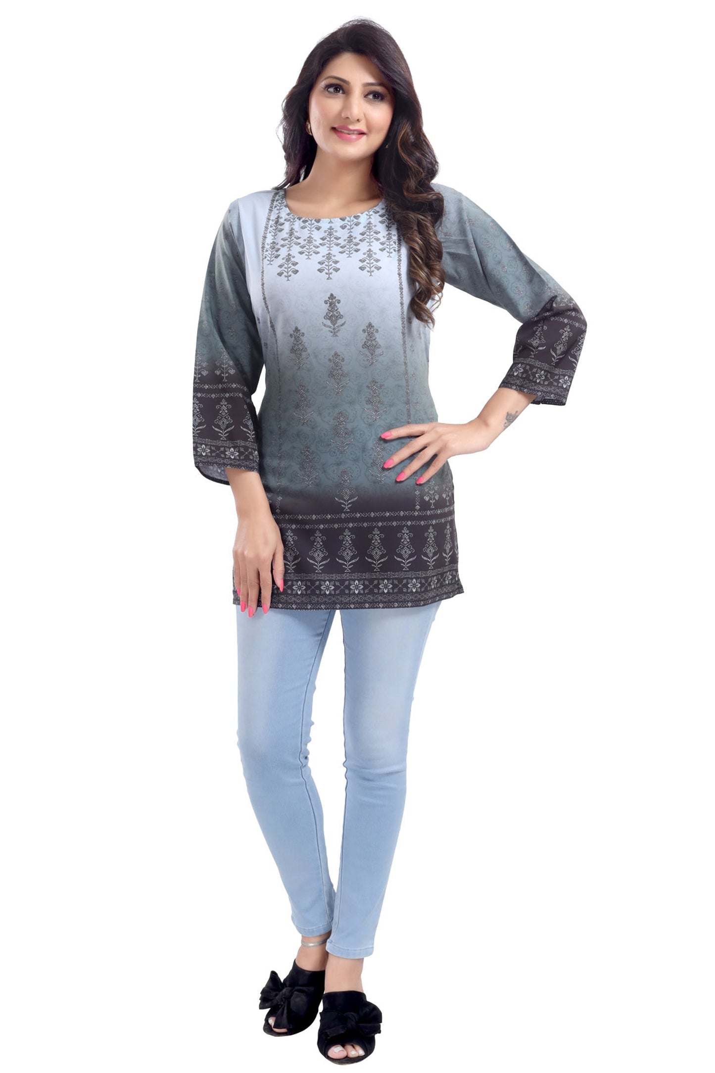 Gray Faux Crepe Short Kurti Tunic Top - keshubaba