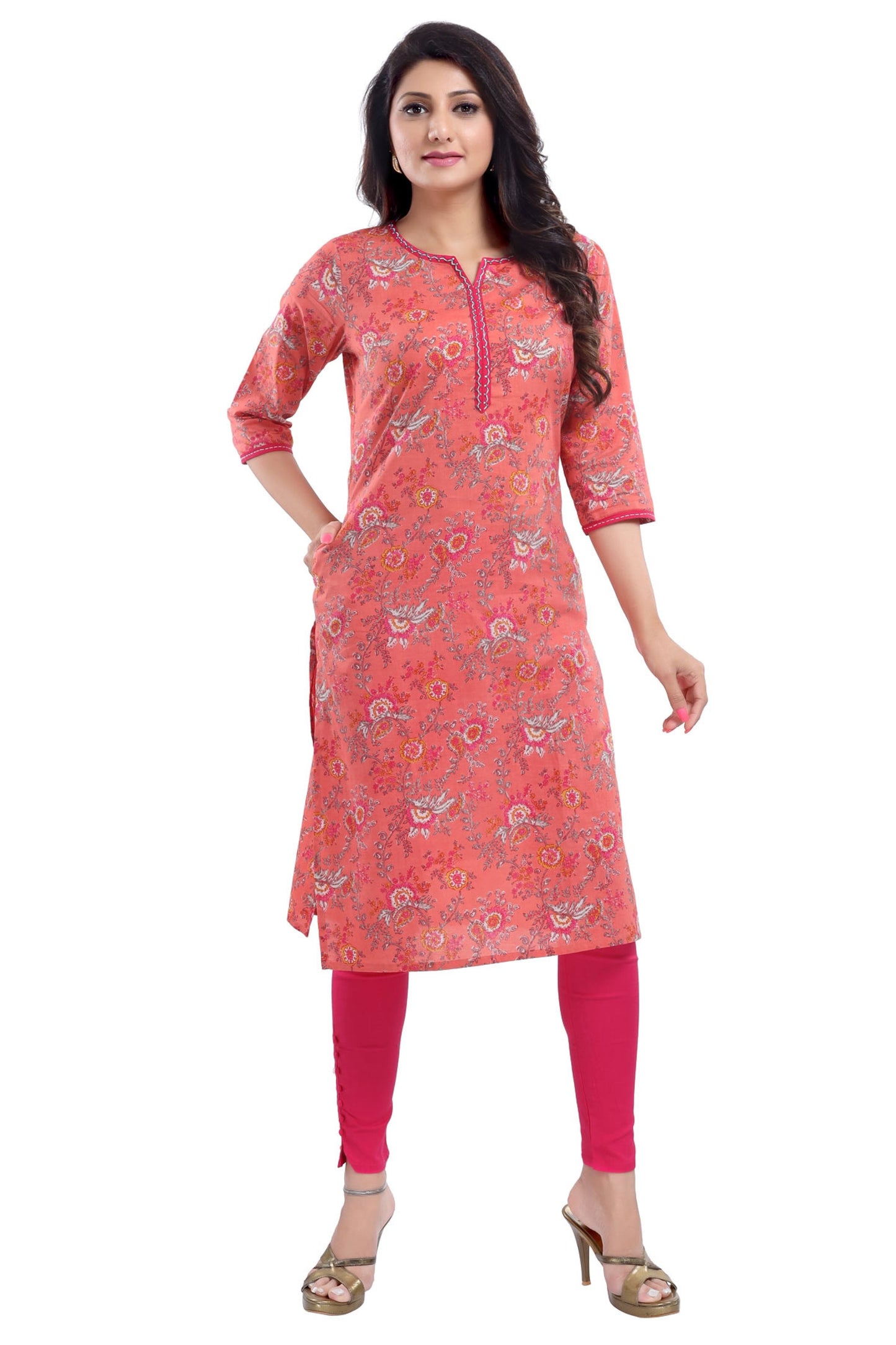 Orange Cotton Printed Long Tunic For Work Wear - keshubaba