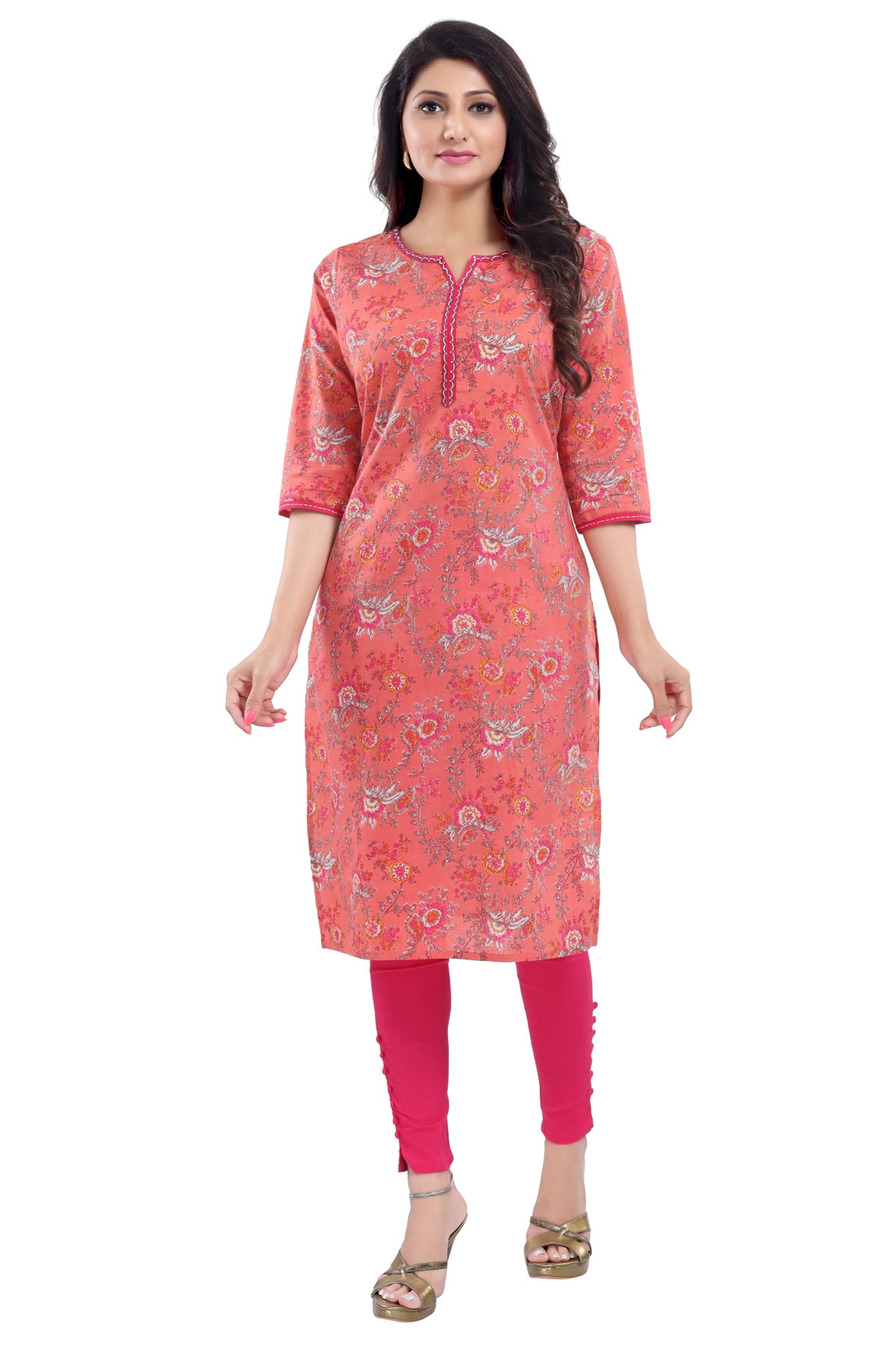 Orange Cotton Printed Long Tunic For Work Wear - keshubaba
